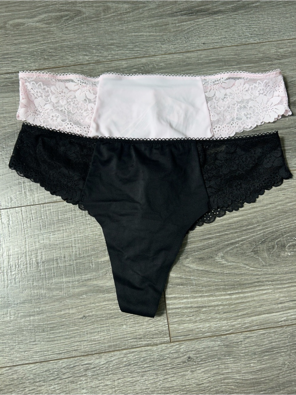PINK Victoria's Secret Black & Light Pink Lace-Trimmed Thongs - 2 Pack